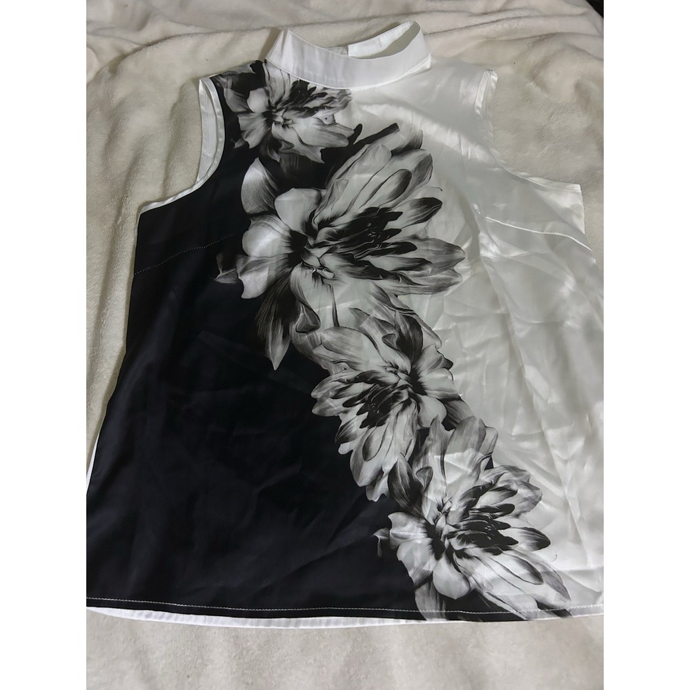 YOZY Womens Silky Sleeveless‎ Mock Neck Blouse Floral Black White Top Size M 6